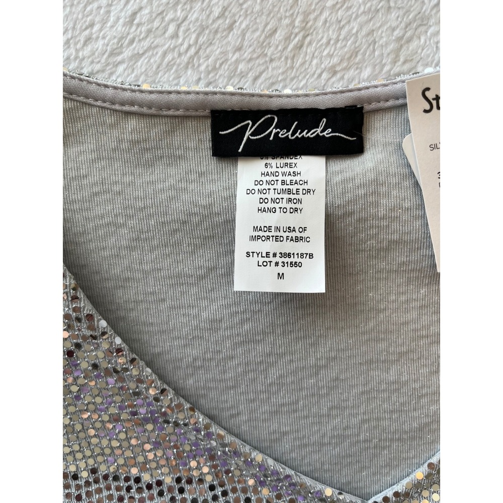 Prelude Silver Sequin Bell Sleeve V Neck Top‎ Size Medium - Picture 4 of 7